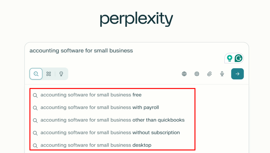 Perplexity search auto-suggestions screenshot.