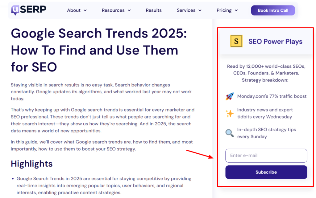 SEO newsletter CTA next to a piece about SEO trends.