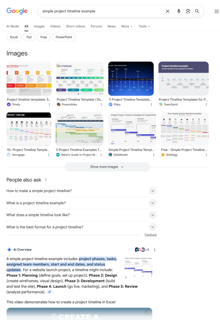 Example of featured snippets for “simple project timeline example.”