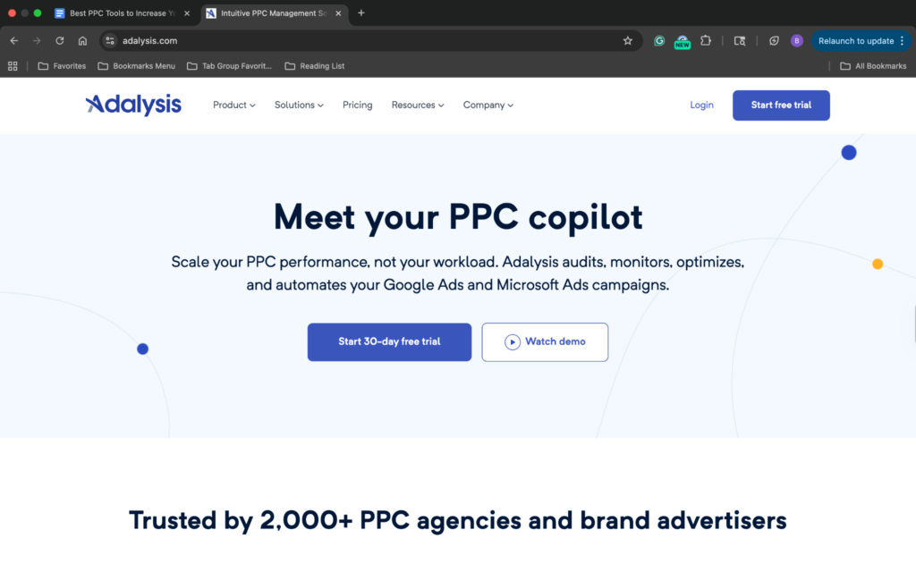 Adalysis PPC copilot landing page