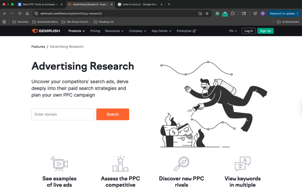SEMRush advertising research feature landing page
