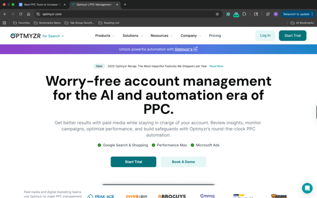 Optmyzr PPC managment software landing page