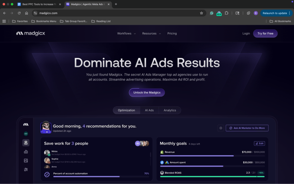 Madgicx ad manager landing page
