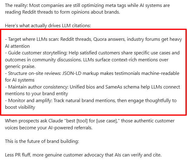 Jeremy Moser’s helpful LinkedIn post about AI SEO tips.