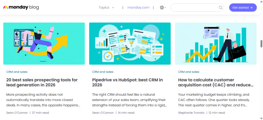 Screenshot of blog posts published on the monday.com site.