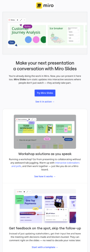 SaaS email marketing example by Miro.