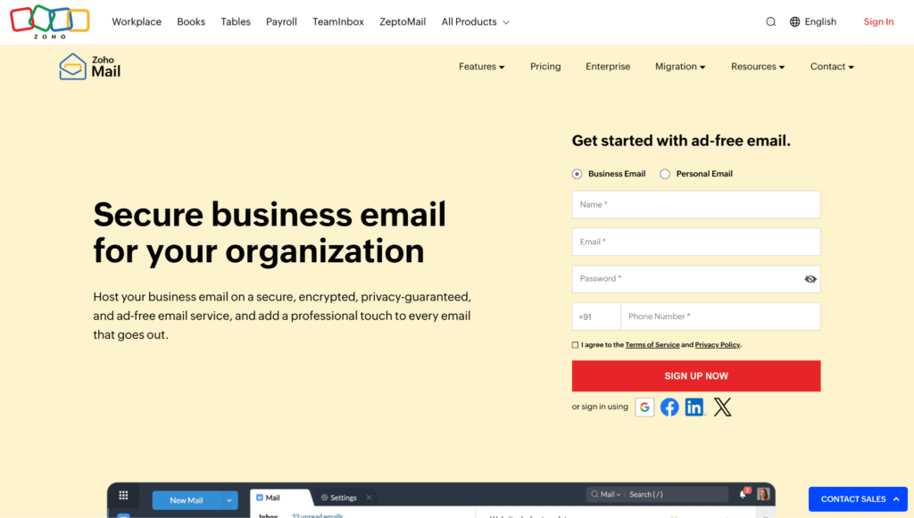 Zoho Mail business email signup
