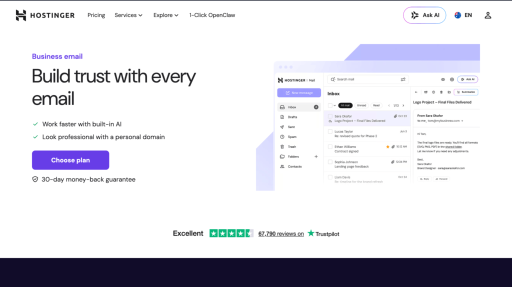 Hostinger business email dashboard