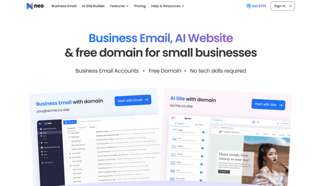 Neo Mail business email homepage