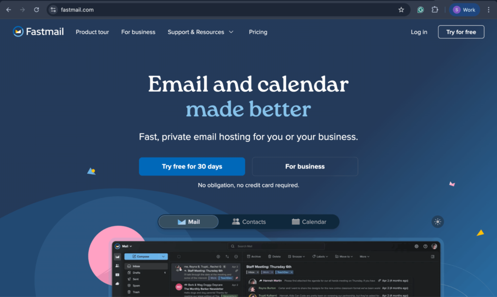 Fastmail email calendar homepage