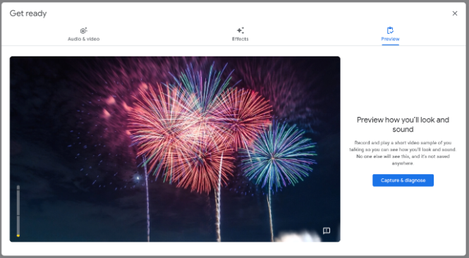 Testing audio and camera in Google Meet.