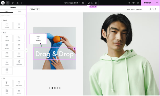 Elementor's drag and drop features.