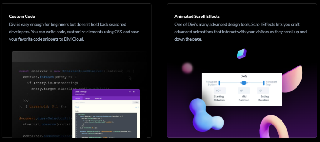 Divi's advanced tools like custom coding and scrolling effects.