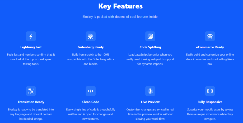 Blocksy's features.