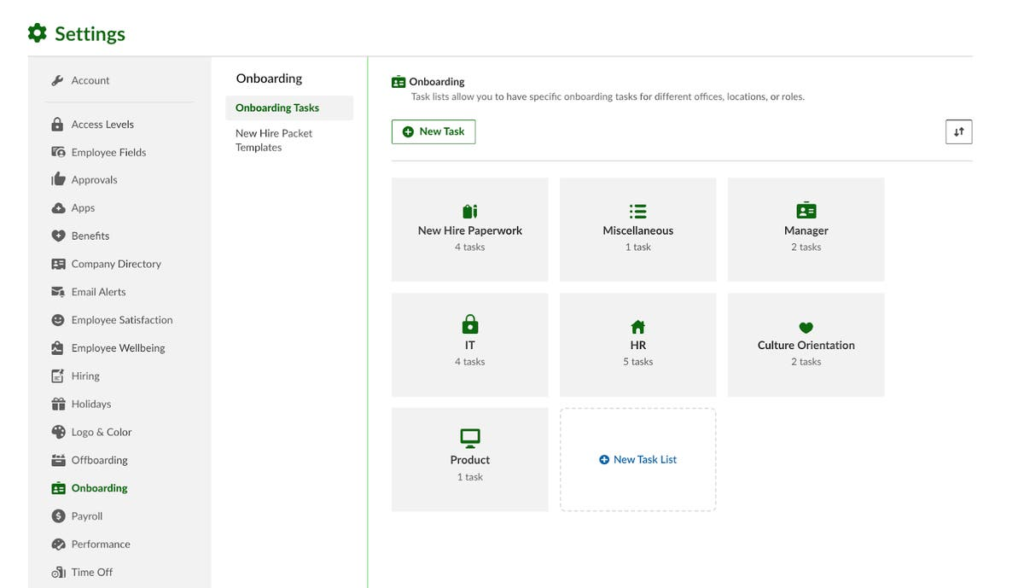 Bamboo HR’s onboarding dashboard shows a list of new onboarding tasks 