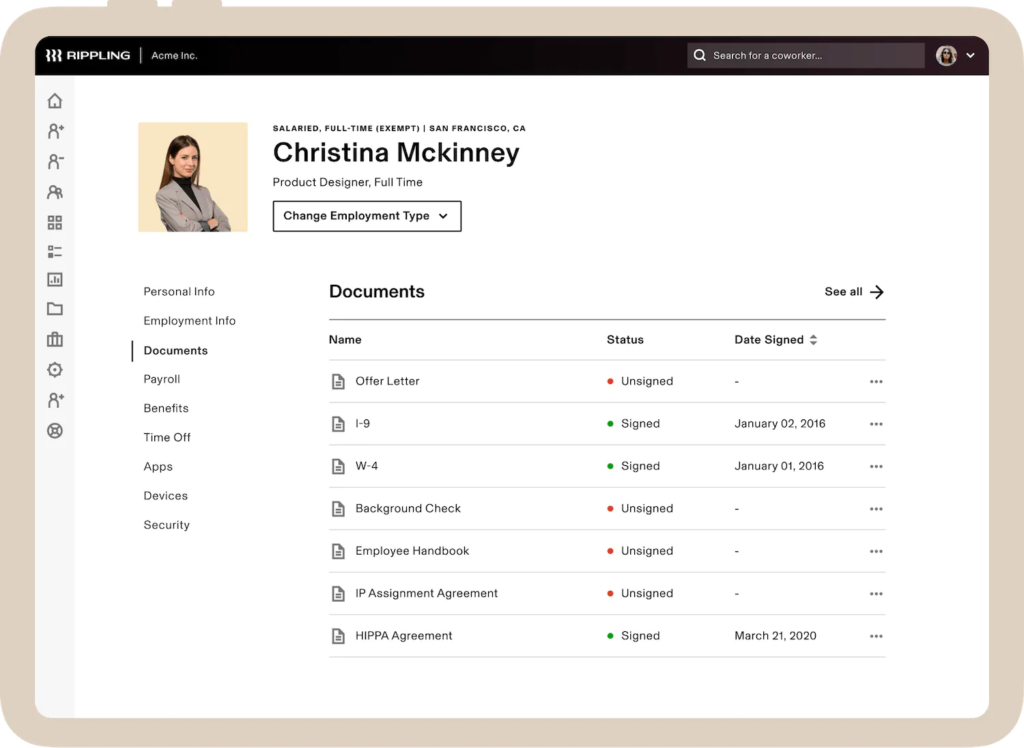 Rippling’s dashboard shows new employee documents with a sidebar for other HR activities.

