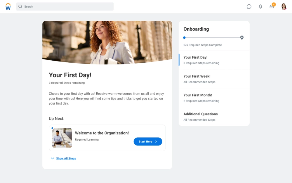 Workday’s onboarding dashboard shows employees where to start with a list of activities in the sidebar.