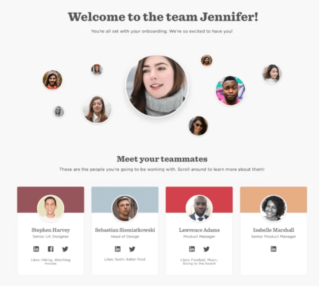 HiBob’s onboarding screen shows a welcome message and an invitation to meet teammates.
