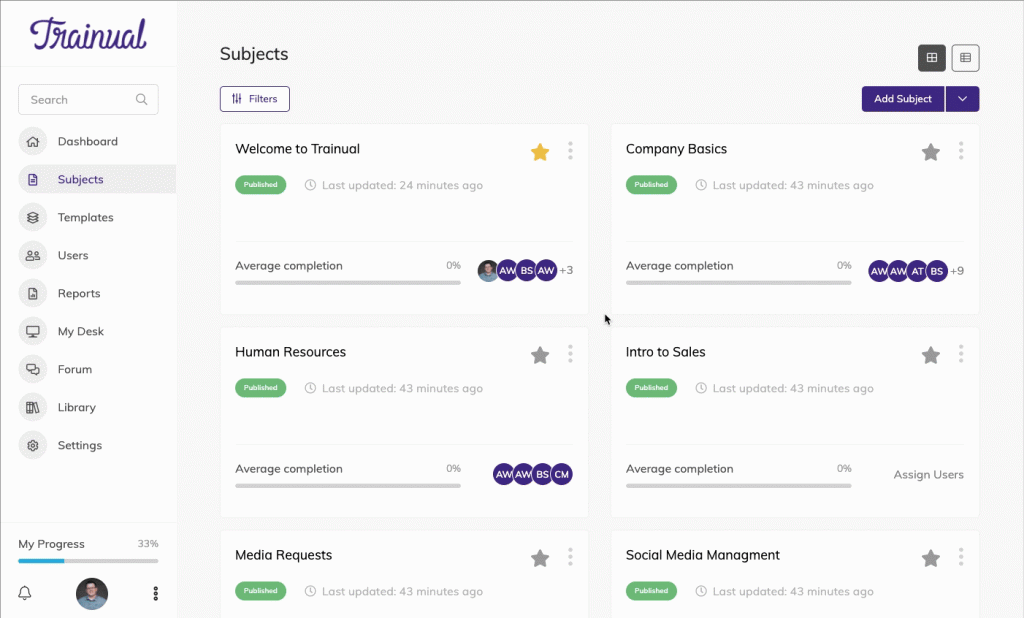Trainual subject dashboard shows courses an employee needs to do with completion rates.
