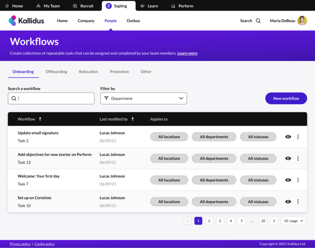 Sapling’s onboarding workflows library shows workflows for email signatures, objective, first day processes, and Coretime.