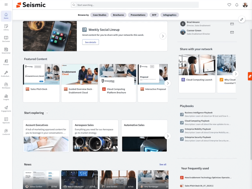Seismic Learning’s content library shows featured content, role-based content, and news
