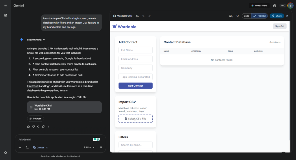 Example of vibe coding: building a simple CRM app with a google authenticator login and a CSV import feature in Gemini's Canvas tool