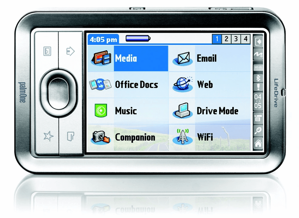 Referencial image of a Palm LifeDrive, one of the precursors of modern mobile apps, showing the main app screen