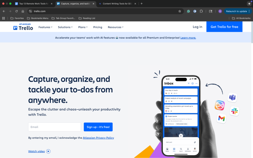 Screenshot of Trello homepage