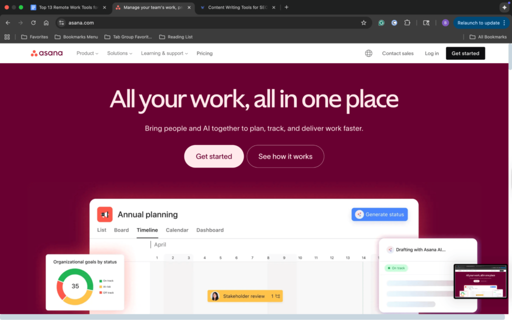 Screenshot of Asana homepage