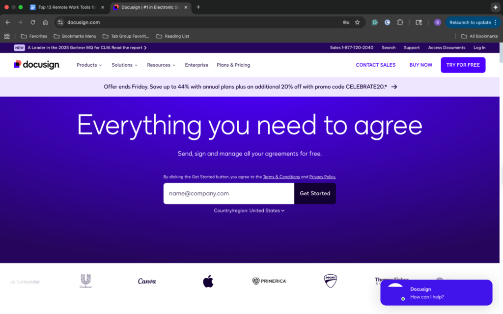 Screenshot of DocuSign homepage