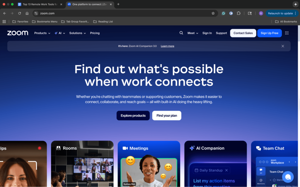 Screenshot of Zoom homepage