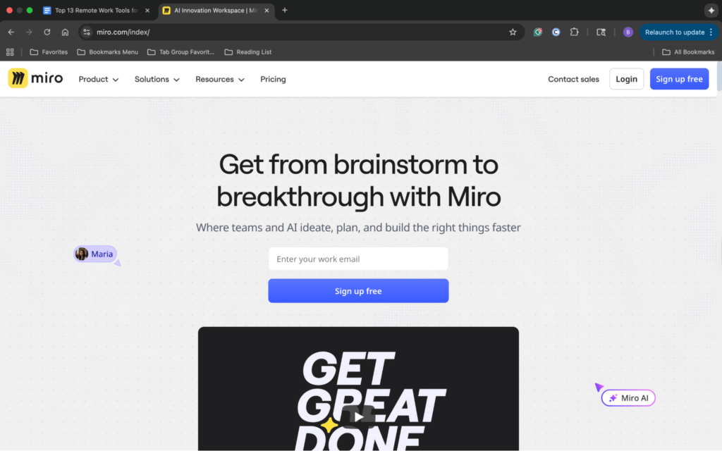 Screenshot of Miro homepage