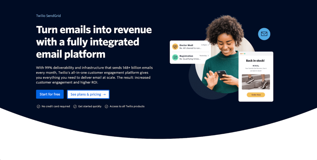 Screenshot of Twilio SendGrid homepage