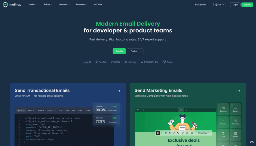 Screenshot of Mailtrap homepage