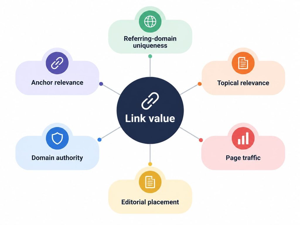 Diagram showing six factors used to evaluate backlink quality