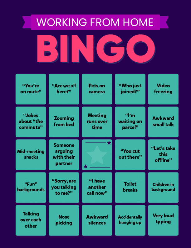 image of a working from home bingo card