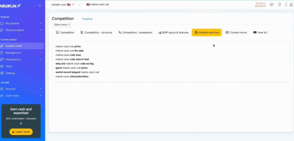 NeuronWriter Related Search Topic Analysis