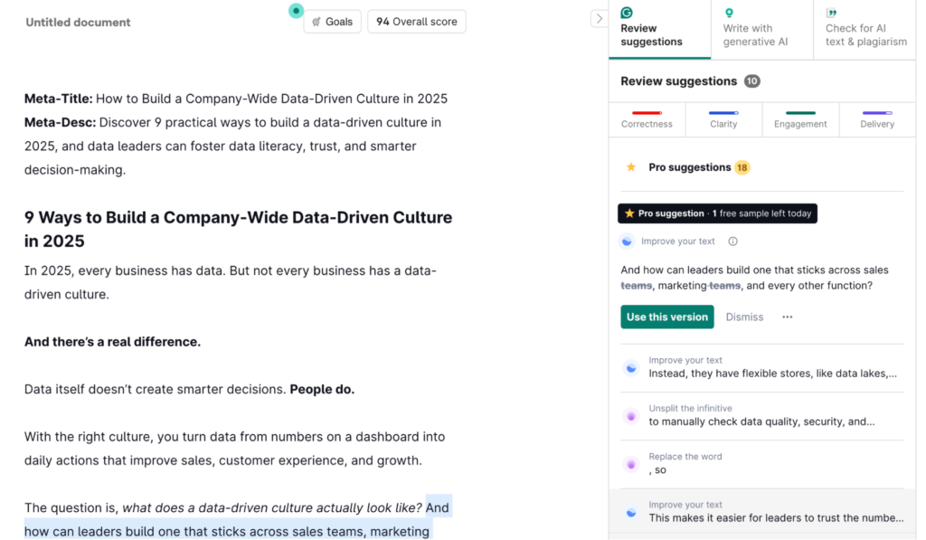 Grammarly Editing Suggestions Dashboard