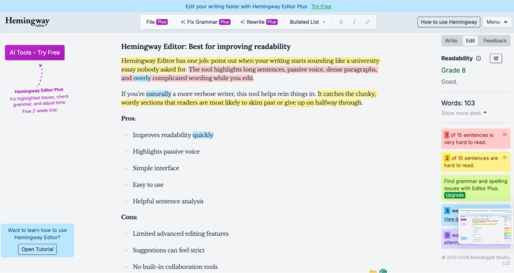 Hemingway Editor Readability Example