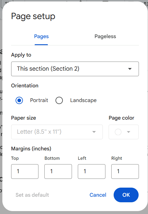 Page Setup in Google Docs
