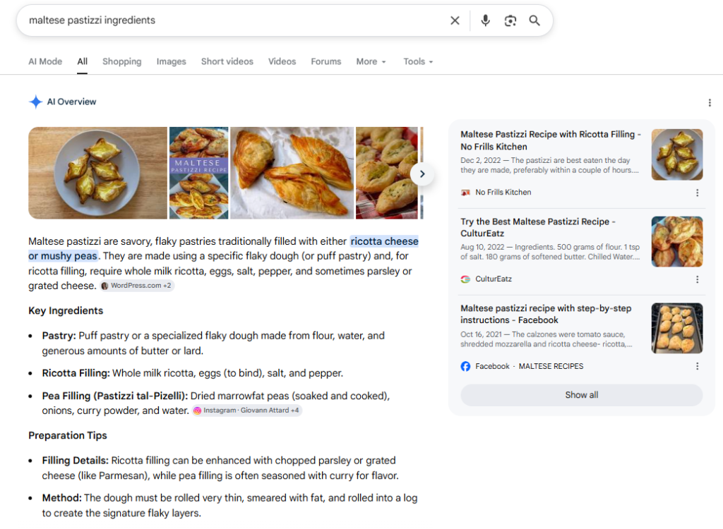 AI Overview provides an ingredient list for a recipe
