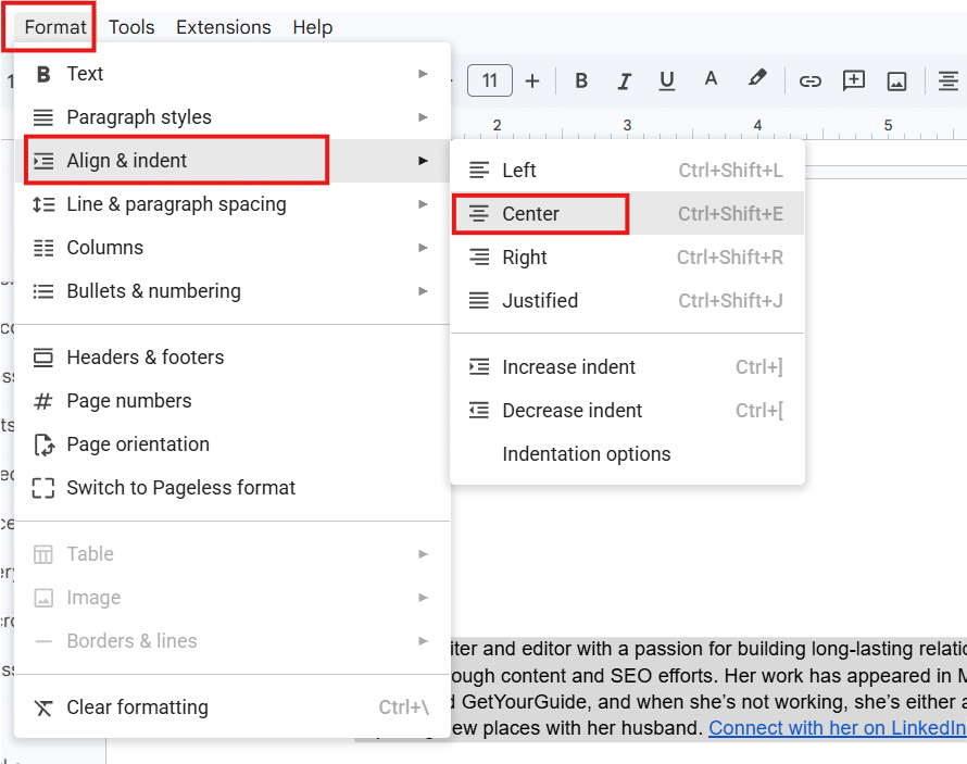 Centering text through the Format menu