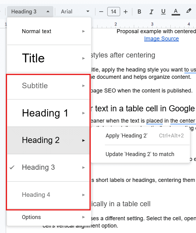 Heading styles in Google Docs