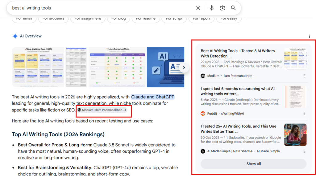 AI Overview answer and different sources